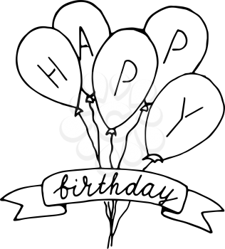 Happy birthday lettering. Holiday text and decorations with balloons. Vector element isolated on white.