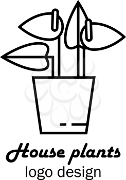 Vector illustration of an house flower in pot, flower shop logo design, home plant logo, flower icon outline.