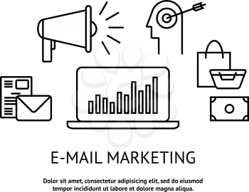 Modern flat e-mail marketing concept. Marketing message with idea, advertising , target audience, shopping and profit. Concepts vector illustration.
