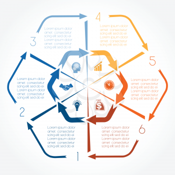 Colour arrows infographic for six positions, possible to use for workflow, banner, diagramme, web design, timeline, area chart, number option