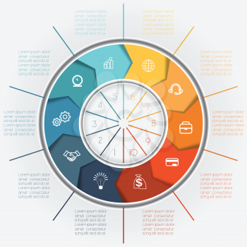 Template for Infographics business conceptual cyclic processes, colour ring from arrows ten positions for text area, possible to use for workflow, banner, diagramme, web design, timeline, area chart 