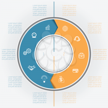 Template for Infographics business conceptual cyclic processes, colour ring from arrows two positions for text area, possible to use for workflow, banner, diagramme, web design, timeline, area chart