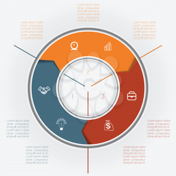 Template for Infographics business conceptual cyclic processes, colour ring from arrows three positions for text area, possible to use for workflow, banner, diagramme, web design, timeline, area chart