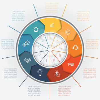 Template for Infographics business conceptual cyclic processes, colour ring from arrows nine positions for text area, possible to use for workflow, banner, diagramme, web design, timeline, area chart