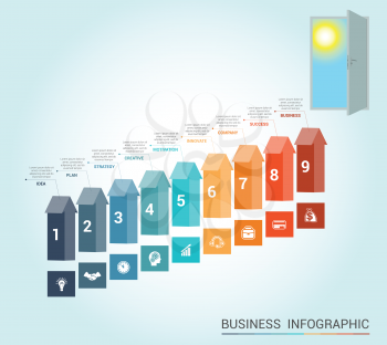 Template Conceptual infographics, arrows colored and doorway, 9 positions