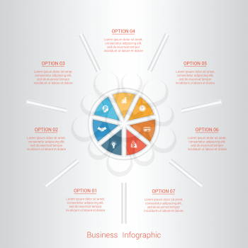Pie infographic template with text areas on seven positions, parts.