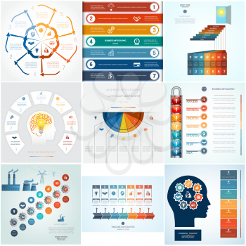 Set 9 templates Infographics business conceptual cyclic processes for seven positions text area, possible to use for workflow, banner, diagram, web design, timeline, area chart