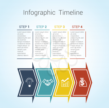 Template Timeline Infographic colored horizontal arrows numbered for four position can be used for workflow, banner, diagram, web design, area chart