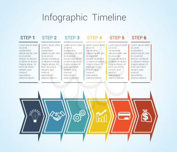 Template Timeline Infographic colored horizontal arrows numbered for six position can be used for workflow, banner, diagram, web design, area chart 