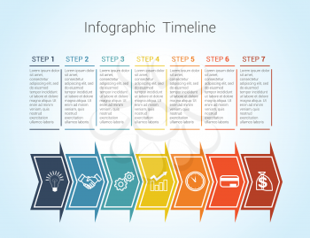 Template Timeline Infographic colored horizontal arrows numbered for seven position can be used for workflow, banner, diagram, web design, area chart