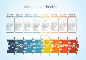 Template Timeline Infographic colored horizontal arrows numbered for eight position can be used for workflow, banner, diagram, web design, area chart