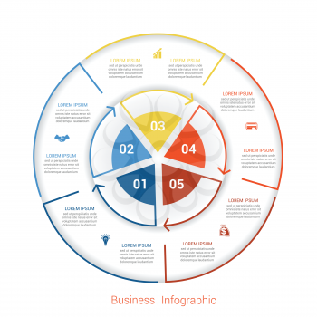 Template infographic five position, steps, parts, with text area, vector illustration colourful in the form of circle parts. Business pie chart diagram data. 
