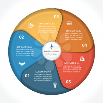 Template infographic five position, steps, parts, with text area, vector illustration colourful in the form of flower petals. Business pie chart diagram data. 