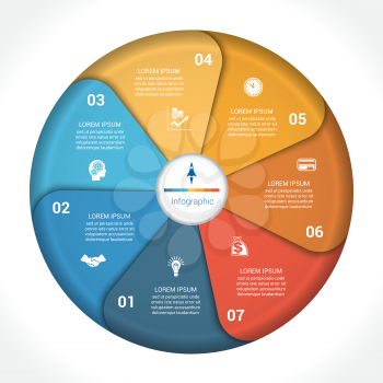 Template infographic seven position, steps, parts, with text area, vector illustration colourful in the form of flower petals. Business pie chart diagram data. 