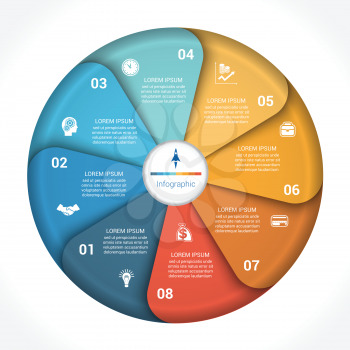 Template infographic eight position, steps, parts, with text area, vector illustration colourful in the form of flower petals. Business pie chart diagram data. 