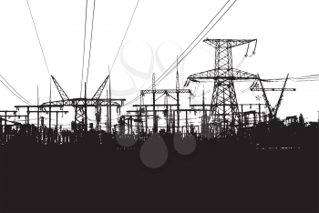 Black-and-white Vector Illustration With Electric Towers Isolated on White Background 