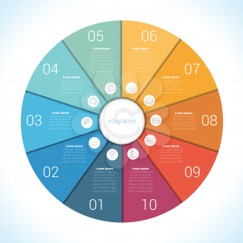 Elements For Template infographic ten position, steps, parts, with text area, colourful in the form of flower petals. Pie chart diagram data.