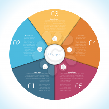 Elements For Template infographic five position, steps, parts, with text area, colourful in the form of flower petals. Pie chart diagram data. 