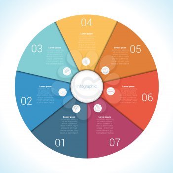 Elements For Template infographic seven position, steps, parts, with text area, colourful in the form of flower petals. Pie chart diagram data. 
