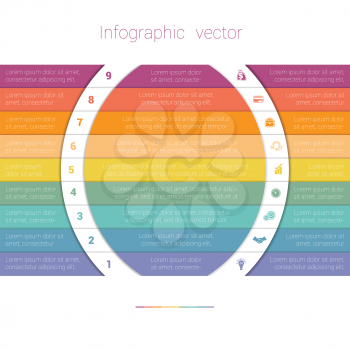 Colorful Strips and White Semicircles for Text.Template Infographic Nine Position. Business Area Chart Diagram Data.