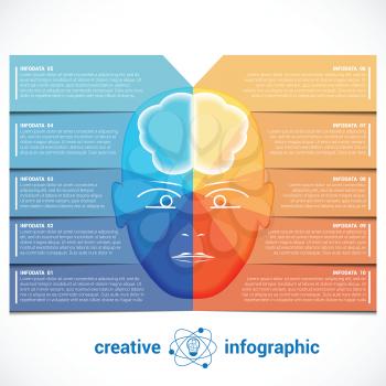  Infographic Template with abstract head, brain, place for text 10 positions, can be used for conceptual banner, diagram, number options.