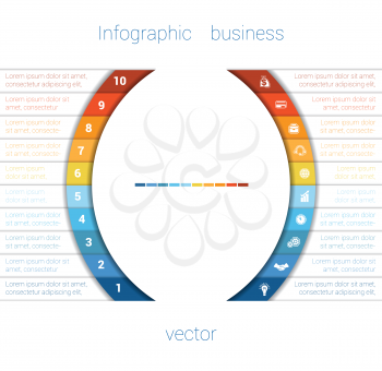  Vector Template Infographic Ten Position.  Colorful Semicircles and White Strips for Text Area. Business Area Chart Diagram Data. 