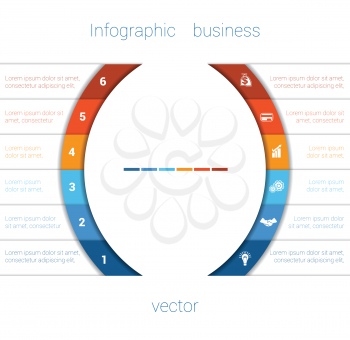 Vector Template Infographic Six Position.  Colorful Semicircles and White Strips for Text Area. Business Area Chart Diagram Data.