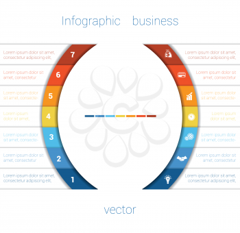 Vector Template Infographic Seven Position.  Colorful Semicircles and White Strips for Text Area. Business Area Chart Diagram Data.