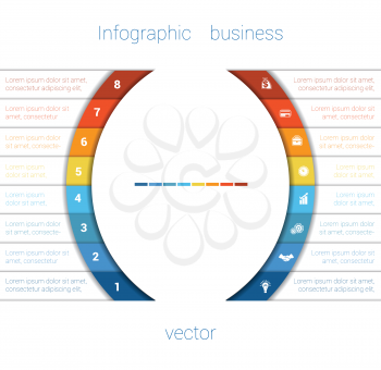 Vector Template Infographic Eight Position.  Colorful Semicircles and White Strips for Text Area. Business Area Chart Diagram Data.