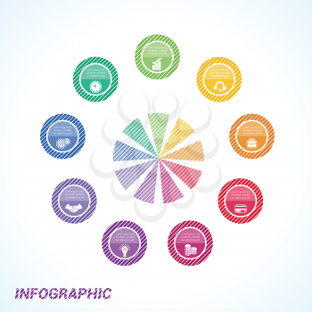 Colourful striped circles, template for infographics nine positions