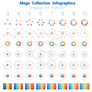 Mega Collection Infographics cyclic processes, templates for text area 3, 4, 5, 6, 7, 8 ,9, 10 positions possible to use for work flow, banner, diagram, web design, timeline.
