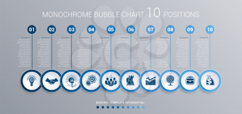 Infographics template for 10 steps. Monochrome Blue bubbles chart, elements for visualization business processes.