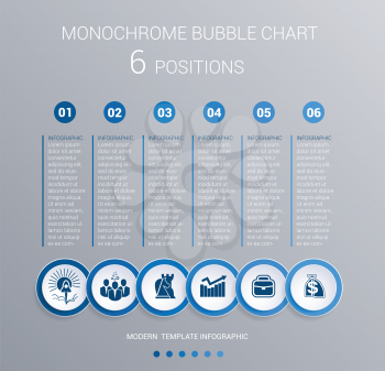 Infographics template for 6 steps. Monochrome Blue bubbles chart, elements for visualization business processes.