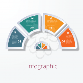 Template infographic, semicircle diagram with four multicolored elements around center. Business strategy. 