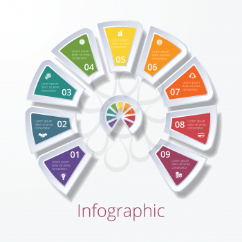 Template infographic, semicircle diagram with nine multicolored elements around center. Business strategy. 
