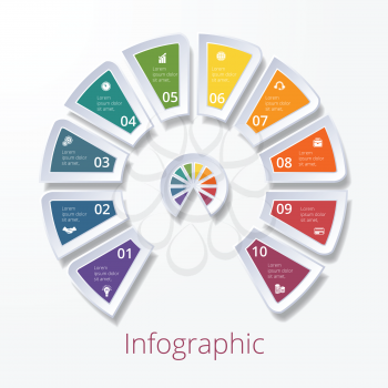 Template infographic, semicircle diagram with ten multicolored elements around center. Business strategy. 