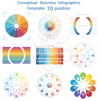Set Vector templates Infographics business conceptual cyclic processes for ten positions text area, possible to use for pie chart, workflow, banner, diagram, web design, timeline, area chart 