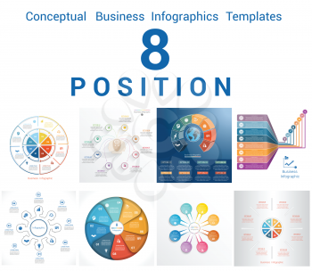 Set Vector Templates Infographics Business Conceptual Cyclic Processes for Eight Positions Text Area, Possible to use for Workflow, Banner, Diagram, Web Design, Timeline, Area Chart