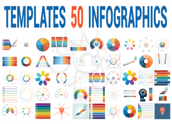 50 Vector Templates for Infographics, pie chart, ring chart, area chart, timeline, list diagram with text areas for seven positions.
