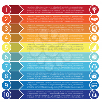 Circles, horizontal colorful arrows and strips, bars infochart, areachart presentation or templates for 10 positions infographics