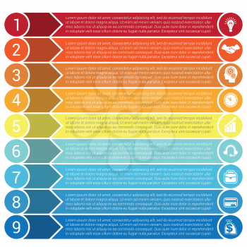 Circles, horizontal colorful arrows and strips, bars infochart, areachart presentation or templates for 9 positions infographics