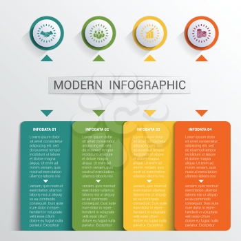 Infographics design template, color buttons and numbered 4 plates shapes, modern website template.