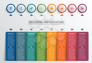 Infographics design template, color buttons and numbered 8 plates shapes, modern website template.