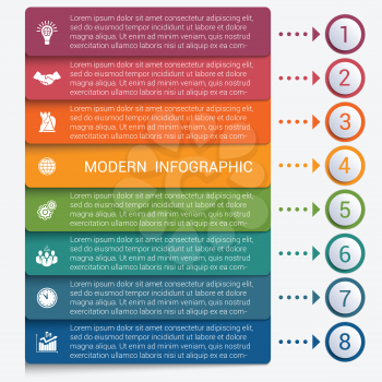 Modern strips infographics 8 options banner for business processes, workflow, diagram, flowcharts