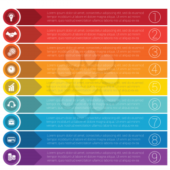 Templates infographics from arrows of circles and strips business concept for nine positions.