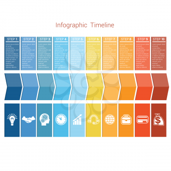 Template Timeline Infographic colored arrows numbered for ten position can be used for workflow, banner, diagram, web design, area chart