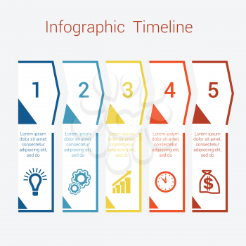 Timeline Infographic colored arrows from lines. Area chart Business Infographic template with text areas for five position, Eps file is layered and fully organised, objects are grouped
