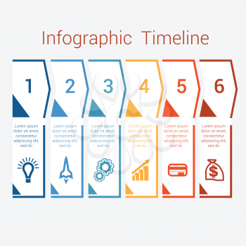 Timeline Infographic colored arrows from lines. Area chart Business Infographic template with text areas for six position, Eps file is layered and fully organised, objects are grouped