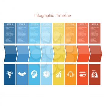 Template Timeline Infographic colored arrows numbered for eight position can be used for workflow, banner, diagram, web design, area chart