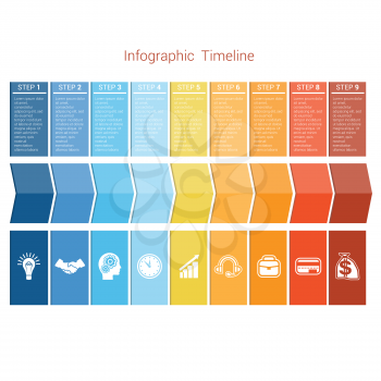 Template Timeline Infographic colored arrows numbered for nine position can be used for workflow, banner, diagram, web design, area chart